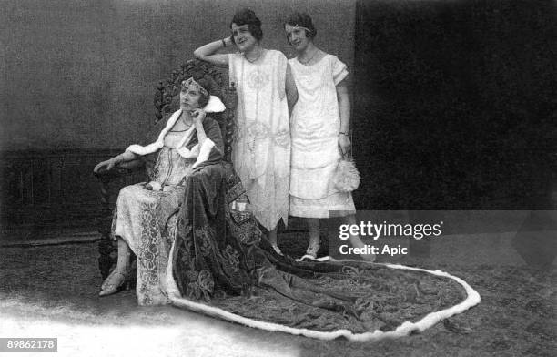 Postcard from the Festivals in 1925 Bonneterie Queen of Miss Gilberte Bonneterie Rebert Premiere bridesmaid Miss Lucette Bazot and the second maid of...