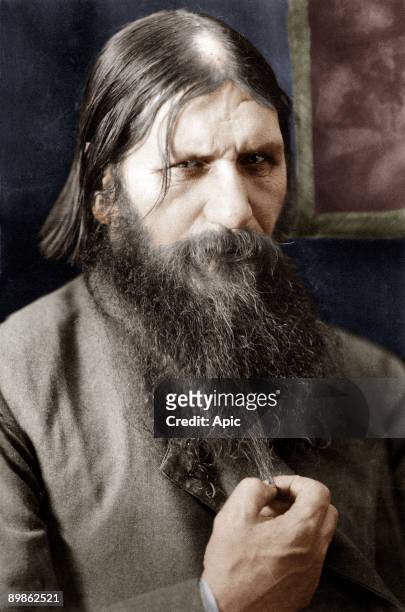 Rasputin russian adventurer healer of czarevitch , protege of the czarina, he was murdered by prince Ioussoupov here in 1908 colorized document