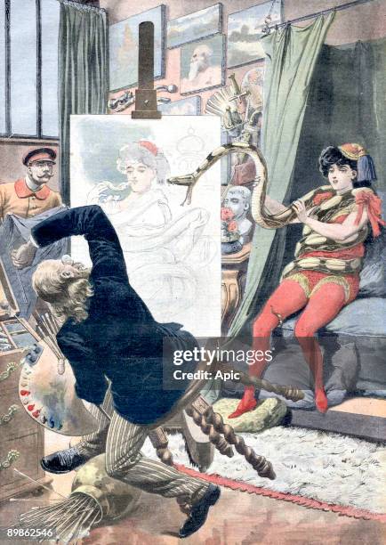 German painter Julius Krant attacked by the snake of the snake charmer Madiadh Surith whom he was portraying in his studio in Berlin, lastpage of...