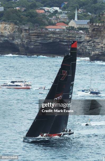 Wild Oats XI and Commanche almost collide as they sail out of the Heads during the 2017 Sydney to Hobart on December 26, 2017 in Sydney, Australia.