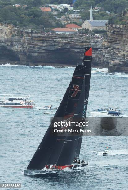 Wild Oats XI and Commanche almost collide as they sail out of the Heads during the 2017 Sydney to Hobart on December 26, 2017 in Sydney, Australia.