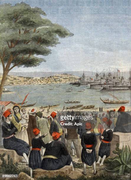 War between France an Turkey : french fleet on Mytilene iland, illustration from french newspaper "Le Petit Journal" november 24, 1901
