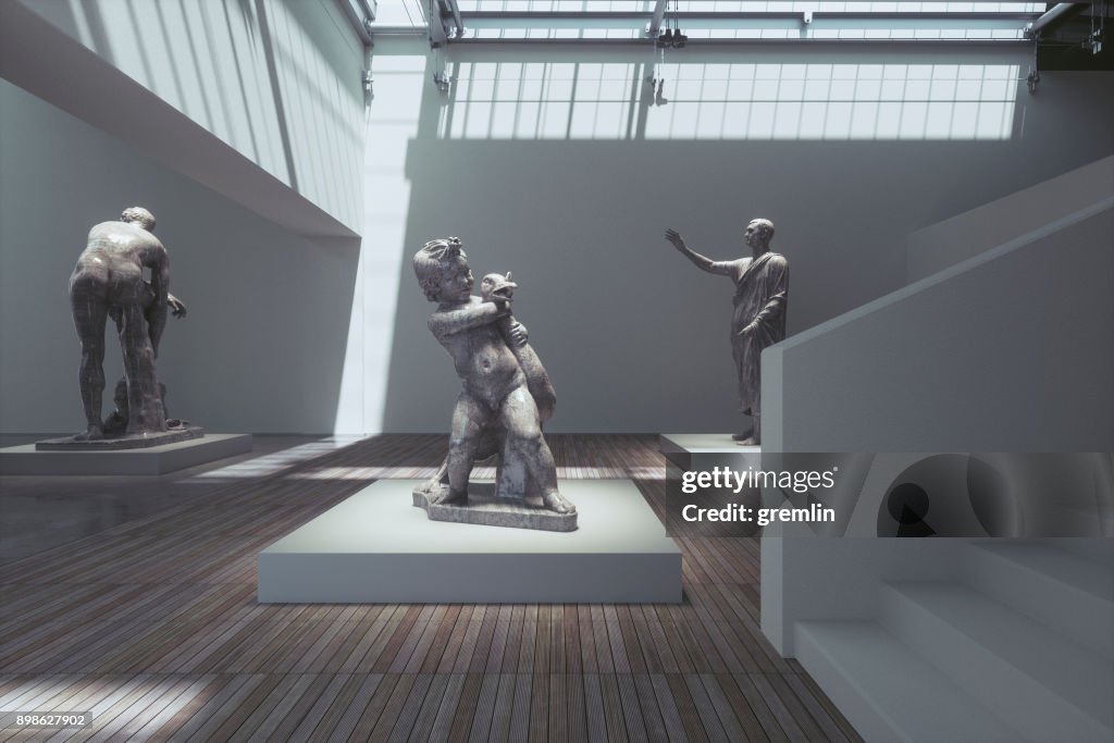 Museum exhibition with ancient sculptures