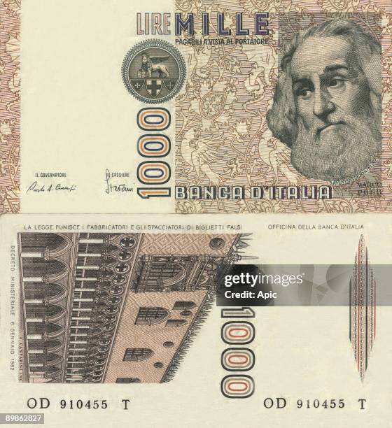 Recto and verso of 1000 liras bill Italy : recto : Marco Polo, verso : Doges palace in Venice