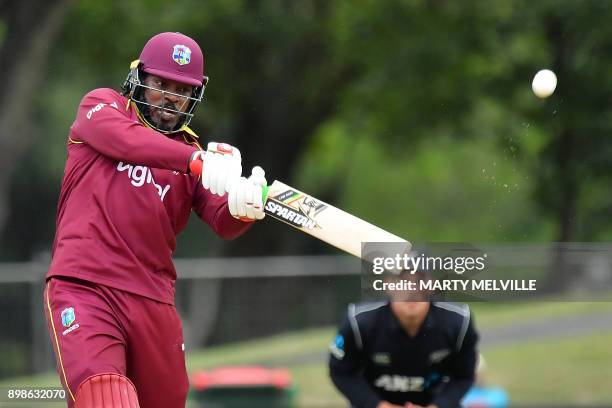 West Indies player Chris Gayle bats during the third one-day international cricket match between New Zealand and the West Indies at Hagley Oval in...