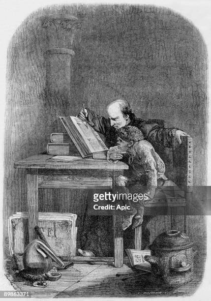 Claude Frollo teaching reading to young Quasimodo, engraving by Dujardin, illustration for book "Notre-Dame de Paris" by Victor Hugo, 1877