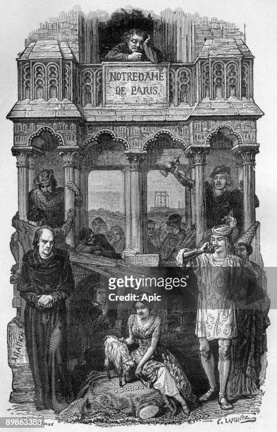 Frollo, Esmeralda, Phoebus, Quasimodo, illustration of novel "Notre Dame de Paris" by Victor Hugo, engraving by Laplante, Aime de Lemud, 1877