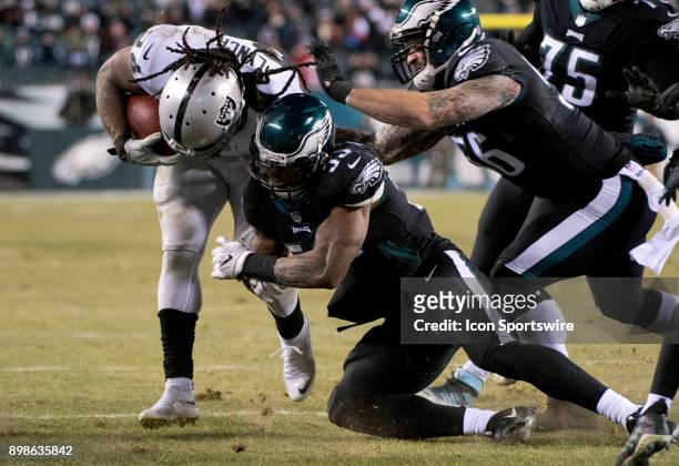 Eagles LB Nigel Bradham tackles Oakland Raiders RB Marshawn Lynch in the second half during the game between the Oakland Raiders and Philadelphia...