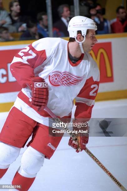 Marc Bergevin of the Detroit Red Wings skates against the Toronto Maple Leafs during NHL game action on March 20, 1996 at Maple Leaf Gardens in...