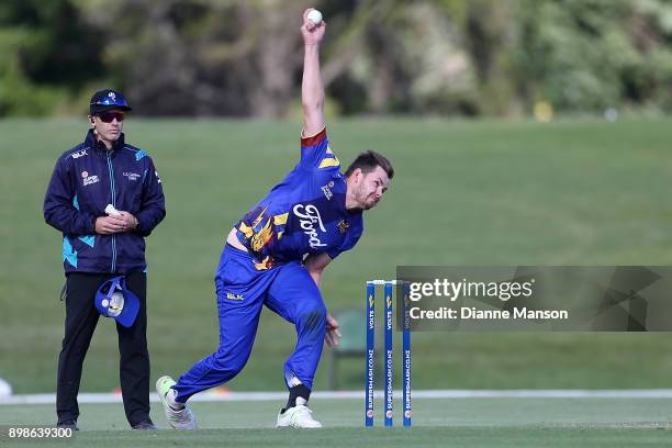 Jacob Duffy of Otago bowls during the Twenty20 Supersmash match between Otago and Canterbury on December 26, 2017 in Alexandra, New Zealand.