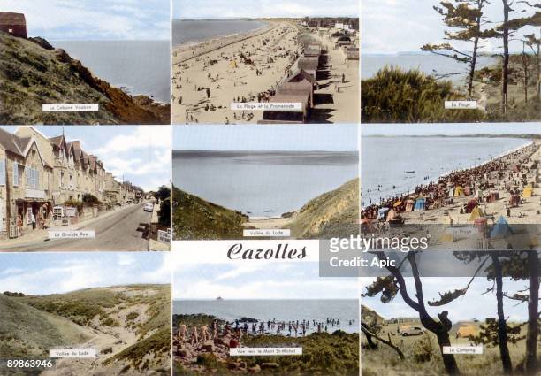 Postcard from Carolles upward from left to right The Vauban beach hut and the beach walk the main street of the valley Lude beach la valle du Lude...