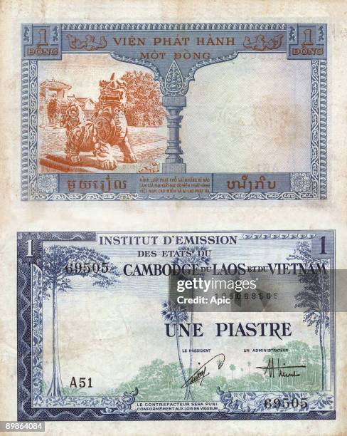 Top : banknote, 1 Dong, Vietnam : bottom : banknote, 1 piatsre, Laos, Cambodge, Vietnam