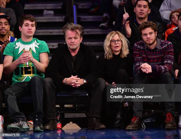 John Mellencamp, Meg Ryan and Jack Quaid attend the New York Knicks Vs Philadelphia 76ers game at Madison Square Garden on December 25, 2017 in New...