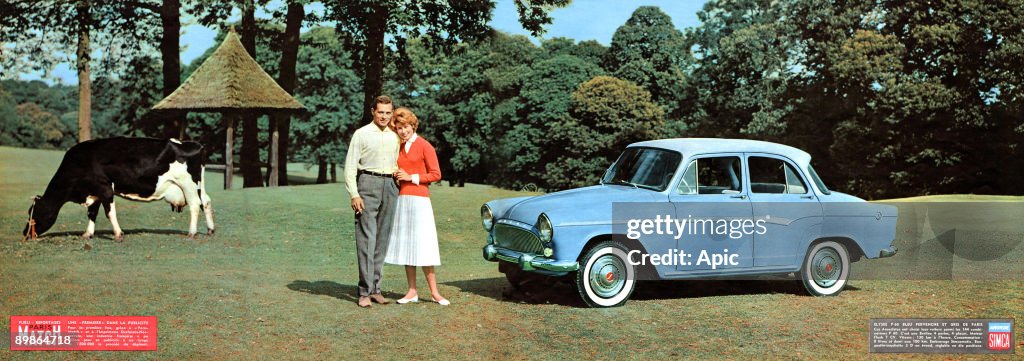 Advertisement for the the car Simca Aronde model Elysee P 60, Paris, 60's, advertisement published in Paris Match as a leaflet. It was the 1st time that a french company used this technique for advertisement