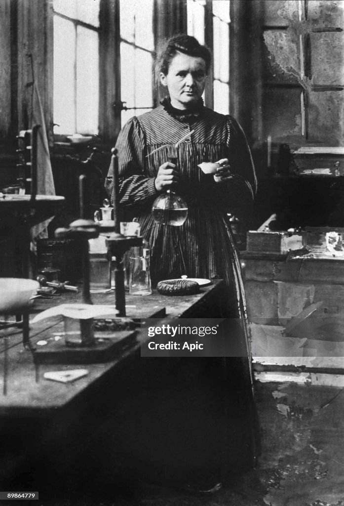 French physicist Marie Curie (1867-1934) Nobel prize of Physics in1903, and Nobel prize of Chemistry in1911, here in her 1st laboratory in Paris in 1896