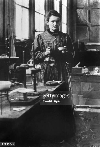 French physicist Marie Curie Nobel prize of Physics in1903, and Nobel prize of Chemistry in1911, here in her 1st laboratory in Paris in 1896