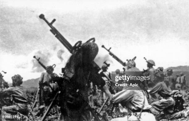 War of Indochina : Dien Bien Phu battle, 1954 : battle position of antiaircraft 12, 7mm of Battalion 387, division 308, in readiness for firing