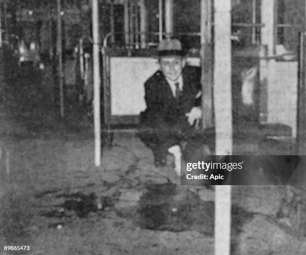 Pool of blood in the waggon where was discovered Laetitia Toureaux, murdered in parisian subway between the stations Porte de Charenton and Porte...