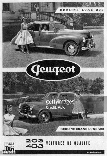 Advertisement for Peugeot in 1958 : top : Berline luxe 203, bottom : Berline grand luxe 403