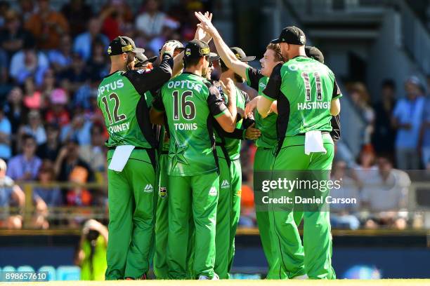 James Faulkner of the Melbourne Stars celebrates taking the wicket of Will Bosisto of the Perth Scorchers during the Big Bash League match between...