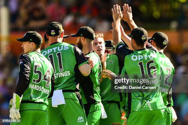 James Faulkner of the Melbourne Stars celebrates taking a wicket during the Big Bash League match between the Perth Scorchers and the Melbourne Stars...