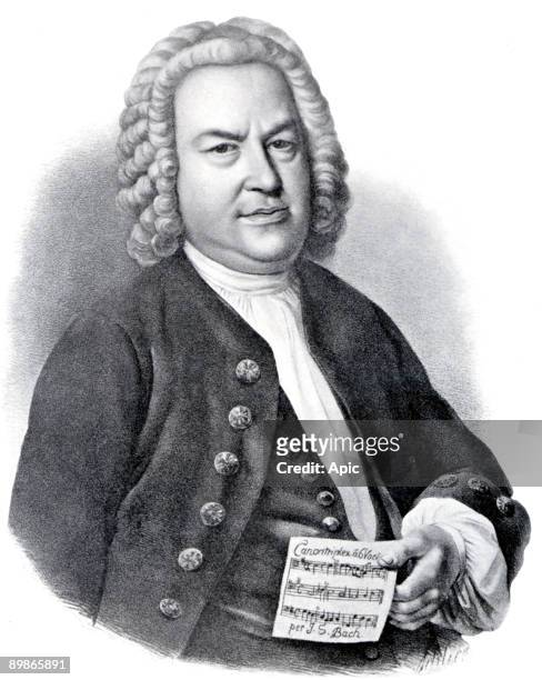 German organist and composer Johann Sebastian Bach here holding score of his Canon for six voices , engraving By Schlick