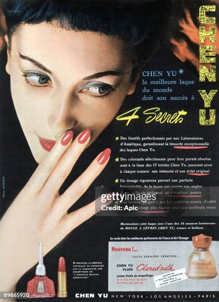 French advertisement for Chen Yu lipstick and nail polish, 1953