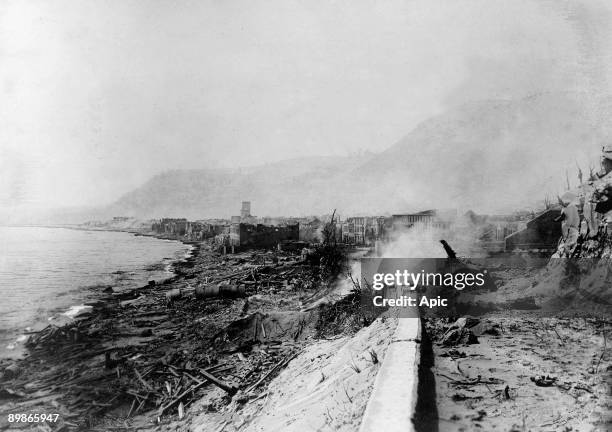 Saint Pierre destroyed by the volcanic eruption of Mount Pelee on may 8, 1902