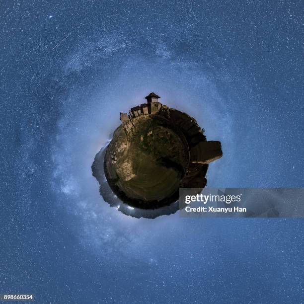 fish-eye panorama of milky way over kaiyang village,zhangjiakou,hebei,china. - fish eye photos et images de collection