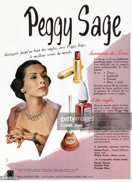 French advertisement for Peggy Sage lipstick and nailpolish, 1953