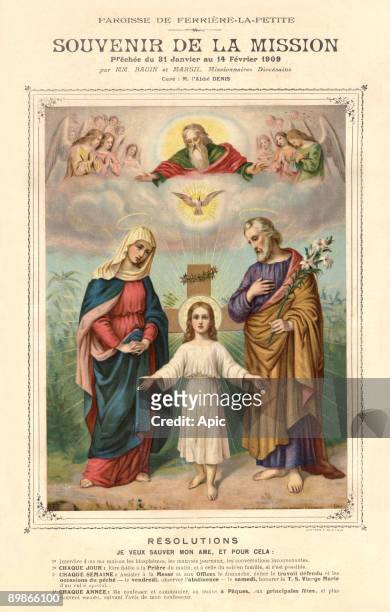 Jesus in ron tof the Cross with spines crown with Virgin Mary and Joseph, in presence of Holy Spirit and God the Father, french illustration, 1909