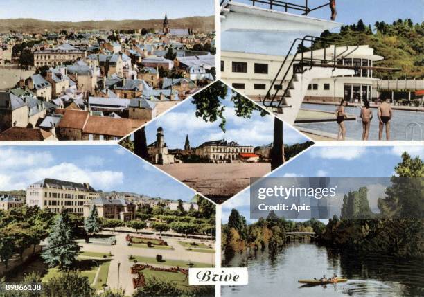Brive la Gaillarde, France : general view, the swimming pool, the theatre, Charles Bondy small public garden, and the Correze, postcard, c. 1967