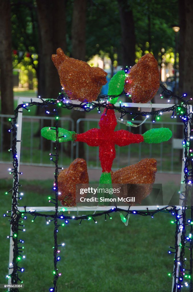 A statue of Four Calling Birds at Christmas in Glebe Park, Glebe Park, Canberra City, Australian Capital Territory, Australia