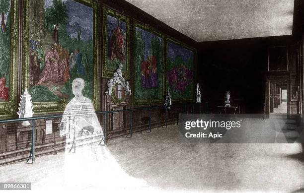 The ghost of queen Catherine Howard 5th wife of king HenryVIII in Hampton Court palace, she was beheaded on HenriVIII's order, engraving, colorized...