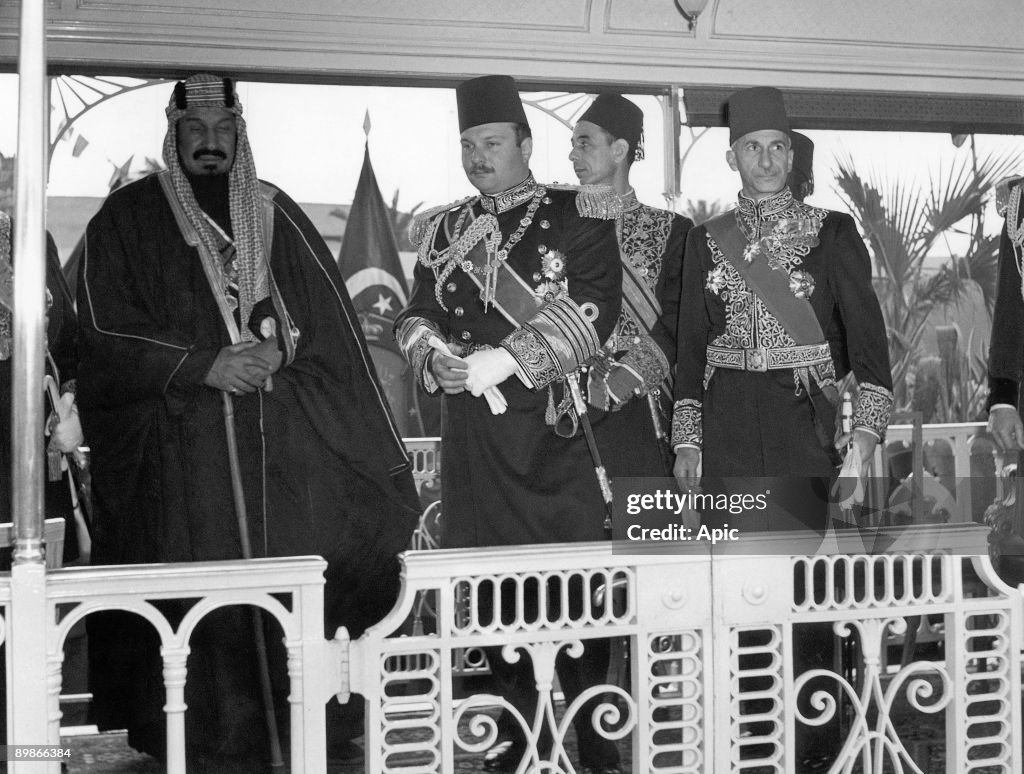 King of Egypt Farouk 1st welcoming king Ibn Saud of Arabia on january 11, 1946 in Egypt