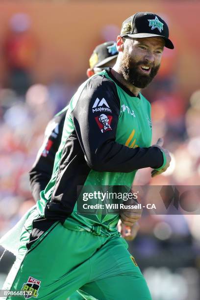 Rob Quiney of the Stars celebrates after taking a catch to dismiss Hilton Cartwright of the Scorchers during the Big Bash League match between the...