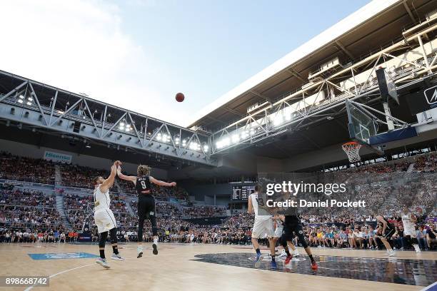 Adam Gibson of Brisbane Bullets shoots during the round 12 NBL match between Melbourne United and the Brisbane Bullets at Hisense Arena on December...