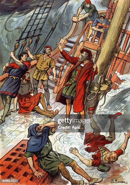 Vasco de Gama portuguese explorer here during a storm at Cape of Good Hope in South Africa illustration by JL Beuzon 1933