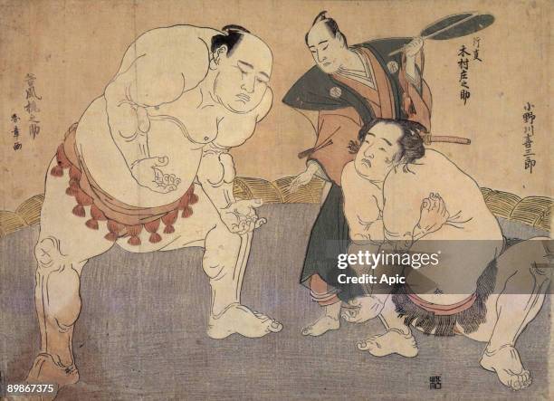 The Sumo Wrestlers Onogawa and Tanikaze, japanese stamp by Katsukawa Shunsho 1783