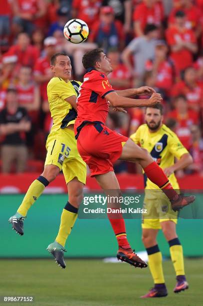 Alan Baro Calabuig of the Mariners competes for the ball during the round 12 A-League match between Adelaide United and the Central Coast Mariners at...