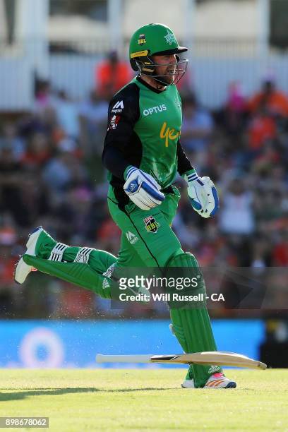 Ben Dunk of the Stars drops his bat after being struck by the ball during the Big Bash League match between the Perth Scorchers and the Melbourne...