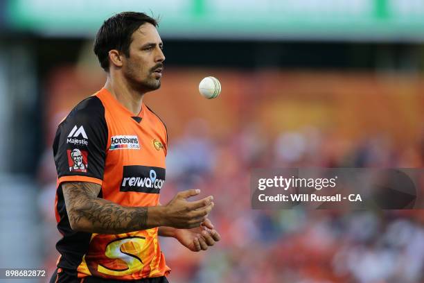 Mitchell Johnson of the Scorchers prepares to bowl during the Big Bash League match between the Perth Scorchers and the Melbourne Stars at WACA on...