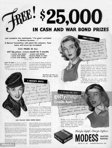 American advertisement for sanitary napkins Modess asking for testimonies who will win prizes , from american magazine McCall's, 1943