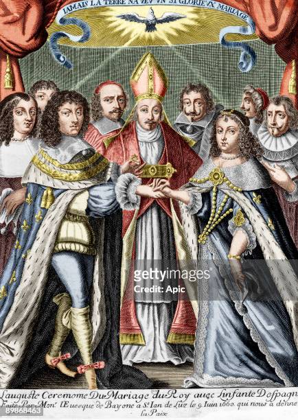 Wedding of french king Louis XIV with his cousin Marie Therese of Austria in Saint Jean de Luz on june 9 celebrated by bishop of Bayonne, engraving,...