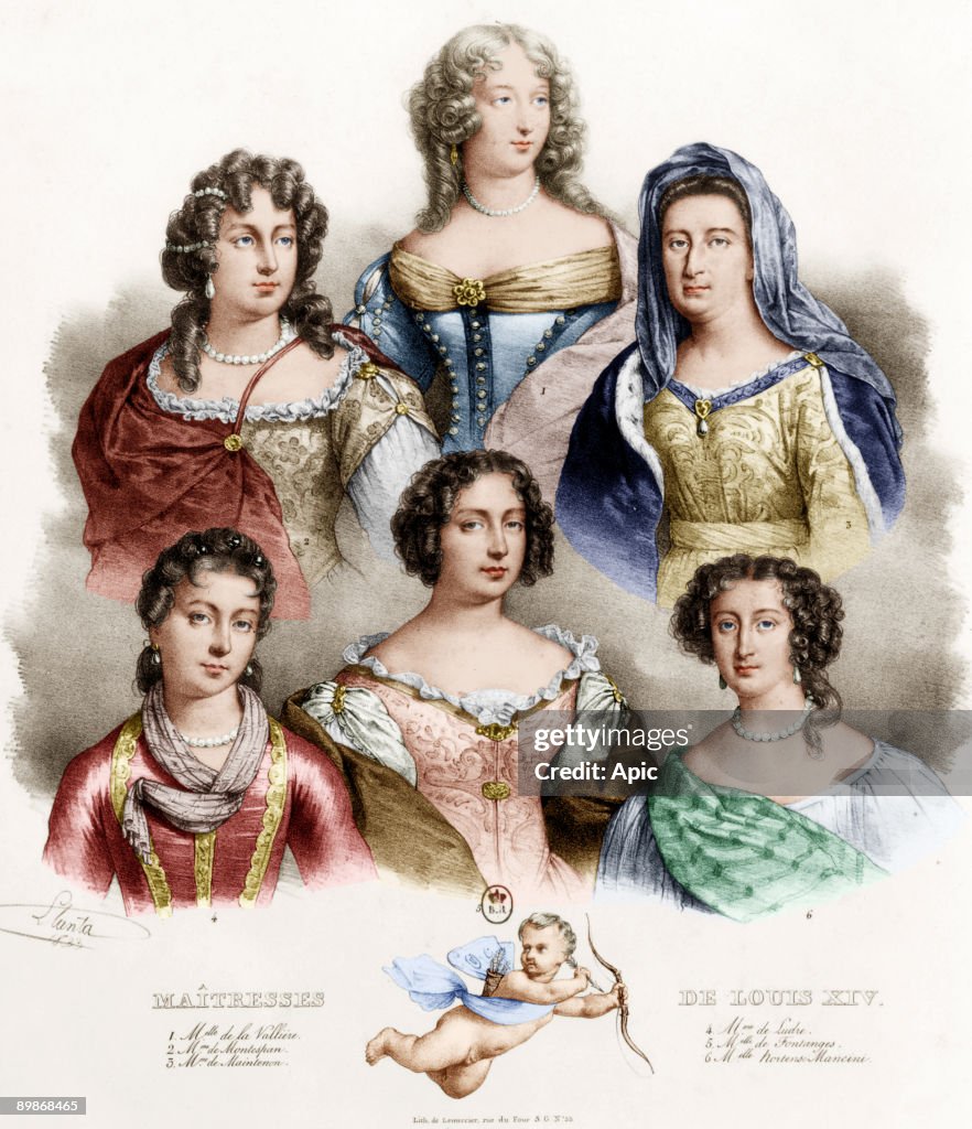 Mistresses of king of France Louis XIV (1638-1715, king from 1643 to 1715) top l-r : Louise de Lavalliere (1644-1710), Francoise de Montespan (1641-1707), Francoise de Maintenon (1635-1719, she became the 2nd wife of Louis XIV in 1683); bottom l-r : Mme d
