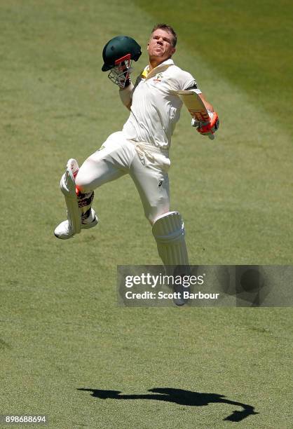 David Warner of Australia celebrates after reaching his century during day one of the Fourth Test Match in the 2017/18 Ashes series between Australia...