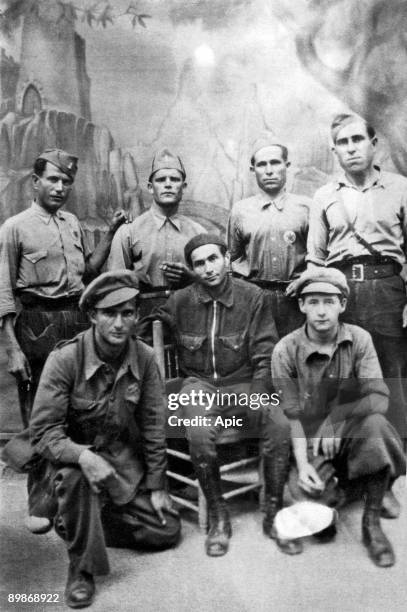 Pierre Georges aka Colonel Fabien in july 1937 in Spain with members of International Brigades