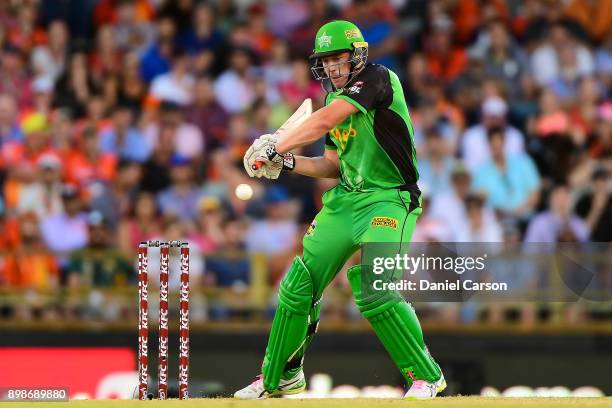 James Faulkner of the Melbourne Stars sets for a cut shot during the Big Bash League match between the Perth Scorchers and the Melbourne Stars at...