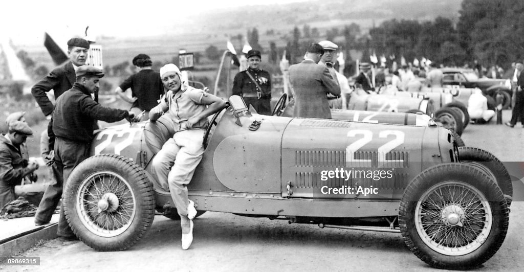 Helle Nice (Mariette Helene Delangle, 1900-1984) french model, dancer and Grand Prix motor racing driver, here at the Grand Prix de Comminges august 26, 1934 (Alfa Romeo Monza 8C car)