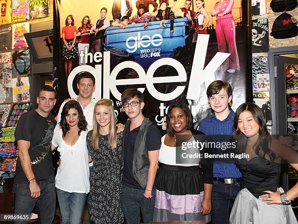 The cast of Glee Mark Salling, Lea Michele, Dianna Agron, Cory Monteith, Kevin McHale,Amber Riley, Chris Colfer, and Jenna Ushkowitz pose for a...